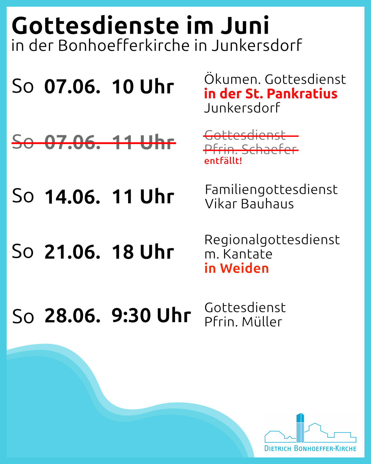 Gottesdienste Juni in Junkersdorf